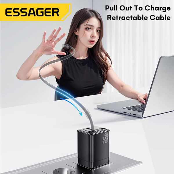ឆ្នាំងសាក Essager 65W GaN ជាមួយខ្សែរ PD សាកថ្មលឿនសម្រាប់កុំព្យូទ័រយួរដៃ Macbook iPhone 17 16 15 Xiaomi Type-C ឆ្នាំងសាកទូរស័ព្ទ