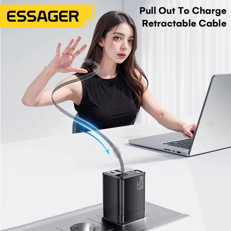 ឆ្នាំងសាក Essager 65W GaN ជាមួយខ្សែរ PD សាកថ្មលឿនសម្រាប់កុំព្យូទ័រយួរដៃ Macbook iPhone 17 16 15 Xiaomi Type-C ឆ្នាំងសាកទូរស័ព្ទ