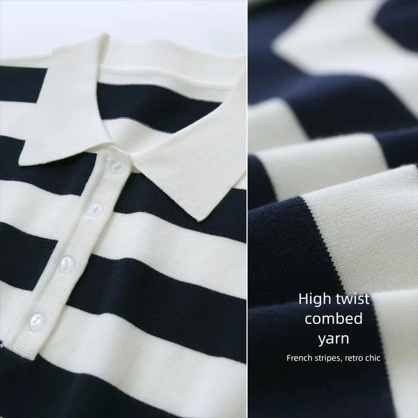 Amii Stripe Women's Knit Top 2026 Summer New Polo Neck Short Sleeve Sweater Slim Fit Casual Cropped Pullover For Women 12622209