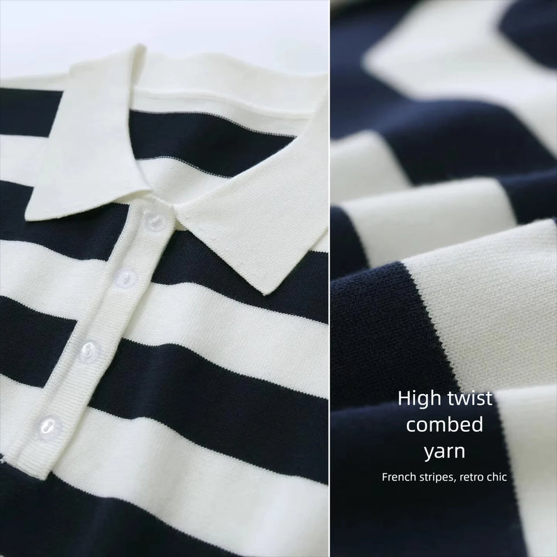 Amii Stripe Women's Knit Top 2026 Summer New Polo Neck Short Sleeve Sweater Slim Fit Casual Cropped Pullover For Women 12622209