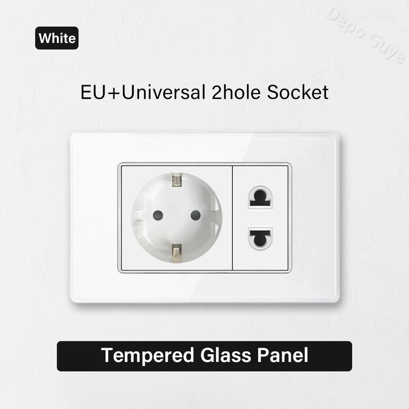 White Tempered Glass Panel Wall Light Switch Rocker Button EU Sockets Fast Charging CAT6 TV Power Outlet 118*75mm 16A AC110-250V