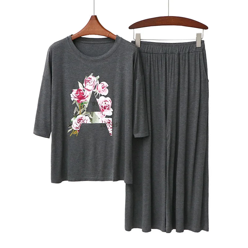 Spring Summer Round Neck Half Sleeve Capris Set Flower Print Home Wear Suit Women's Pajamas Modal Ladies Sleepwear Clothes