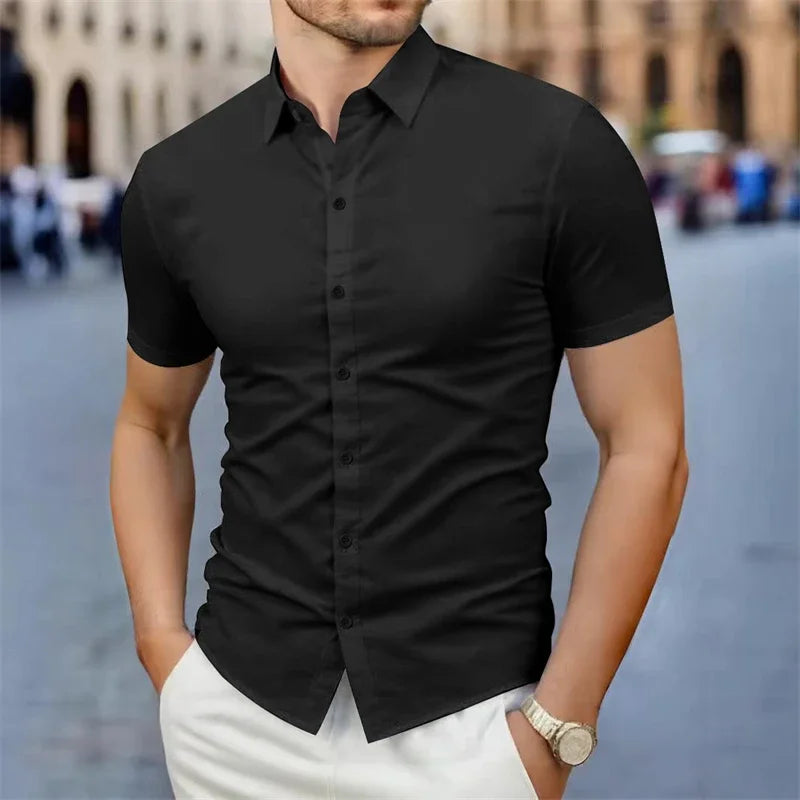 Men's Business Casual Solid Color Short Sleeve Shirt Summer Fashion No Ironing Comfortable Versatile Top for Men