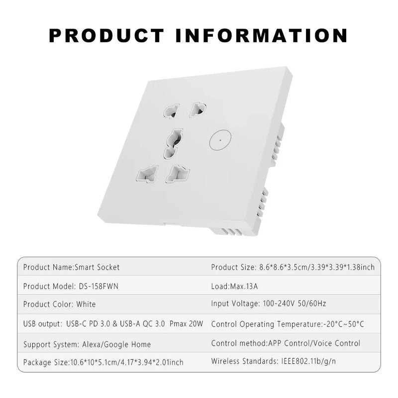 Smart Plug WiFi Universal Socket Tuya EU UK QC3.0 USB  Type-C Fast Charging Outlet Works with Alexa Google Home