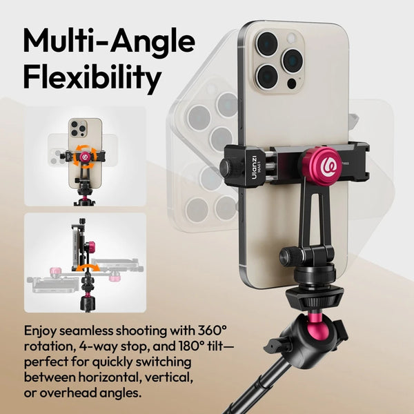 ក្ដាប់ទូរស័ព្ទ Ulanzi MA61 QuickClip ជាមួយ Cold Shoe Mount ជាមួយវីសបង្វិល 360° ទំហំ 1/4" ទទឹង 65-90mm សម្រាប់ Tripod Video Light Mount