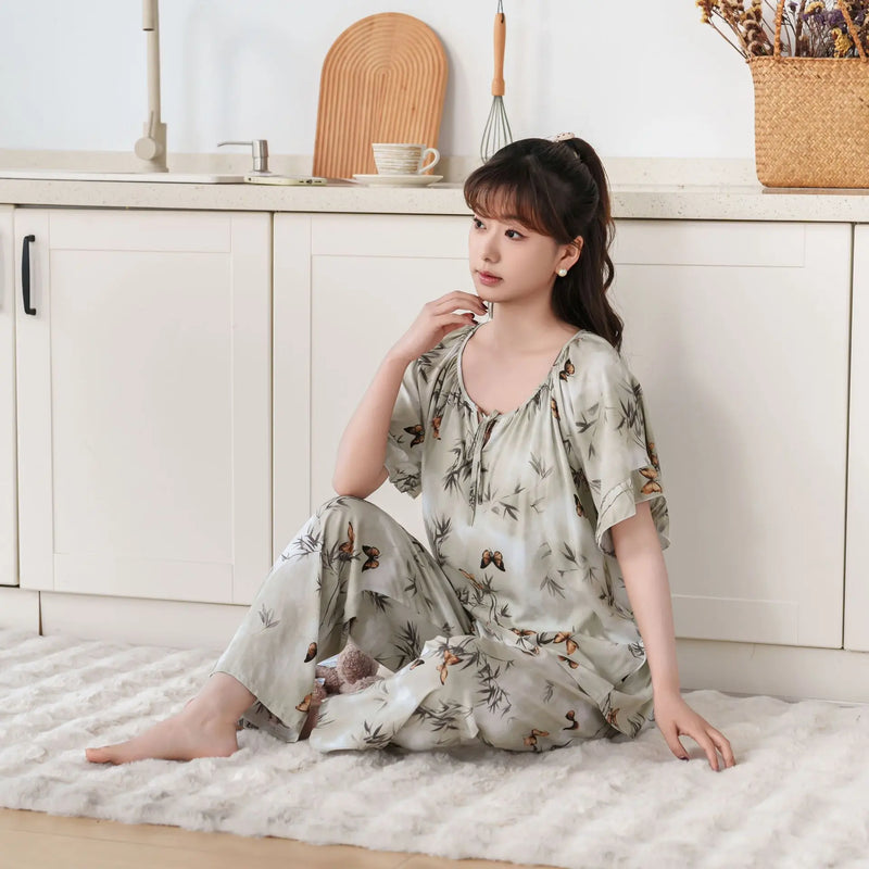Thin Summer Wear Short Sleeve Home Suit For Women Pajamas Ladies Two-piece Set Pyjama Femmes Floral 2PCS Women's Pajamas Set