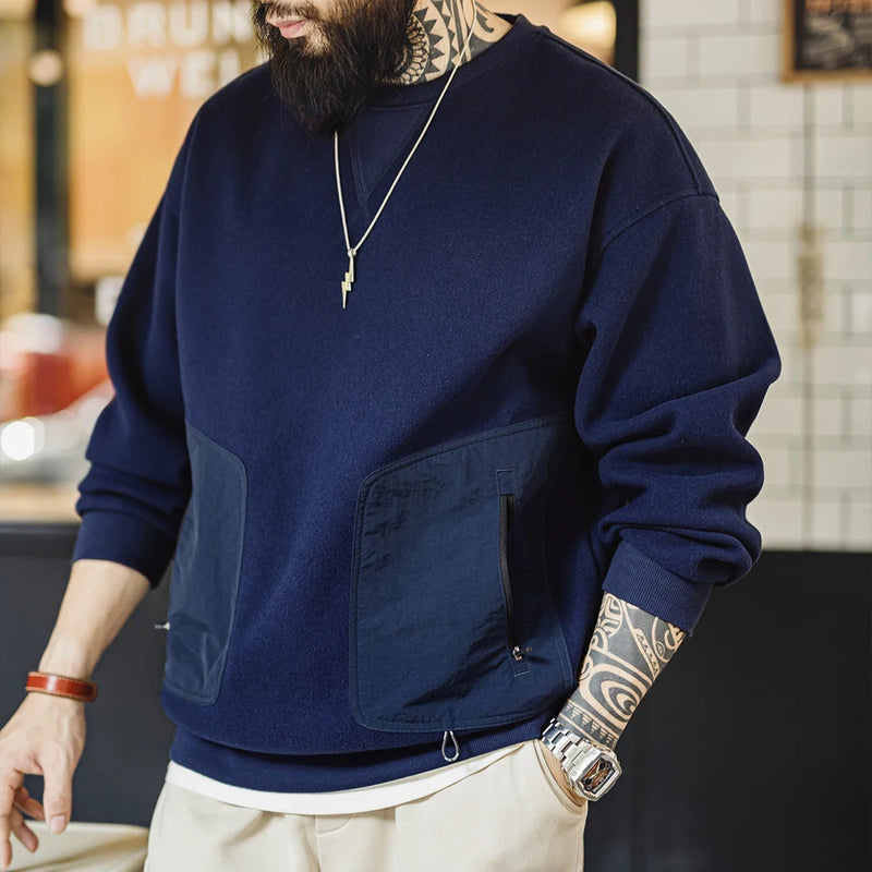 Maden Vintage Heavyweight Patchwork Pocket Sweatshirt Loose Round-neck Versatile Hoodies for Men's Autumn Long-sleeved Pullover