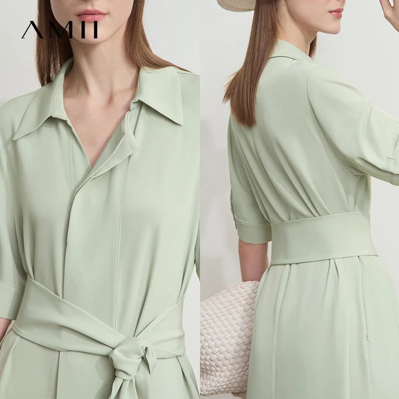 AMII Summer Office Lady Dresses Female 2026 Solid Short Sleeve Turn-down Collar with Belt Shirt Dresses Woman Fashion 12552048