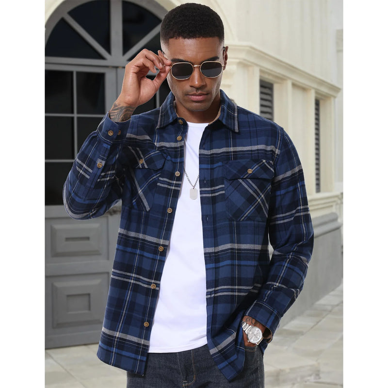 TACVASEN Casual Cotton Plaid Flannel Shirts Mens Button Up Long Sleeve Shirts 2 Chest Pocket Shirt Jacket Lightweight Coat Male