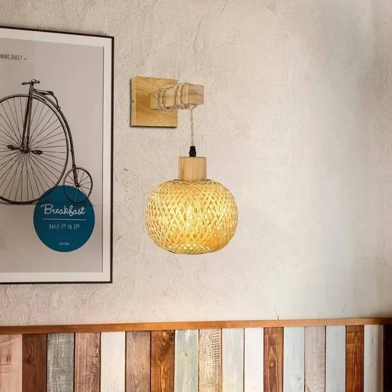 Plug-in Retro Wabi-sabi Bamboo Woven Bedside Wall Lamp Dining Room Rattan Lamp Bedroom Balcony Rural Indoor Background Wall