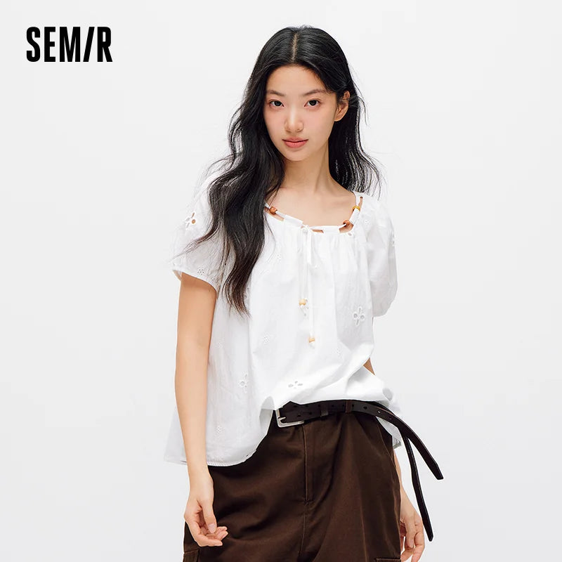 Semir Women Shirt Short Length Beaded Square Neck Puff Sleeve White French Cute 2026 Summer Casual Top