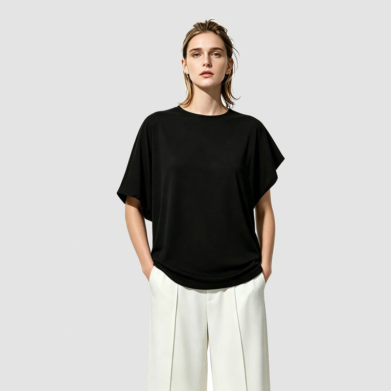 Amii Women's Blouse 2026 Summer New O-Neck Tie Detail ChiffonTop Asymmetric Dolman Sleeve Simple Office Loose Blouse 12642054