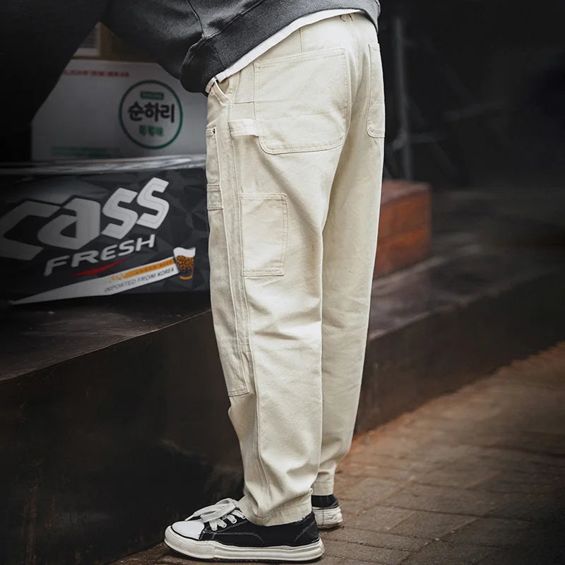 ខោខូវប៊យ Maden Workwear បែបអាមេរិកាំង Retro រលុង ពណ៌ស លាងសម្អាត ខោត្រង់ ខោកាត់ឈើ ខោបុរស
