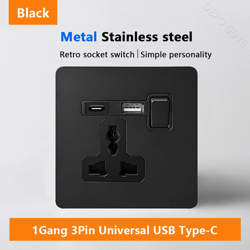 Black Retro Toggle Wall Light Switch Socket,Stainless Steel Universal UK Electrical Outlets with USB Type-C charging For Home