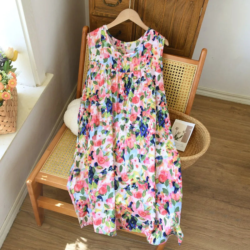 New Style Summer Sleepwear One Piece Dress Sleeveless Floral Nightgowns Woman Nightdress Soft Home Wear Lounge Sleeping Dress