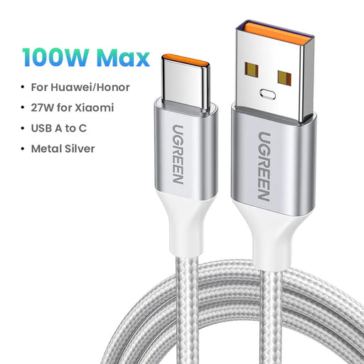 UGREEN 6A USB Type C Cable For Huawei Mate 60 Honor 100W/88W Fast Charging Charge USB C Cord Cable For Xiaomi USB C Super Charge 100W Metal Silver CHINA