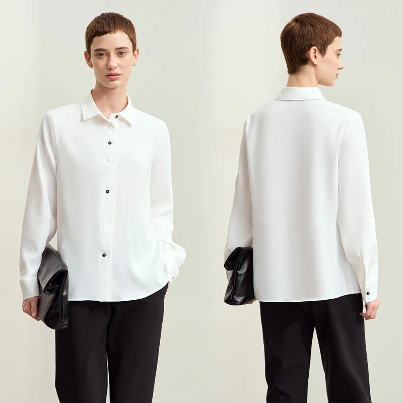 អាវ Amii Minimalism សម្រាប់ស្ត្រី 2026 រដូវស្លឹកឈើជ្រុះថ្មីសាមញ្ញ Lapel ពណ៌ផ្ទុយប៊ូតុង Basic ត្រង់ Chiffon អាវ Blouse 12423108