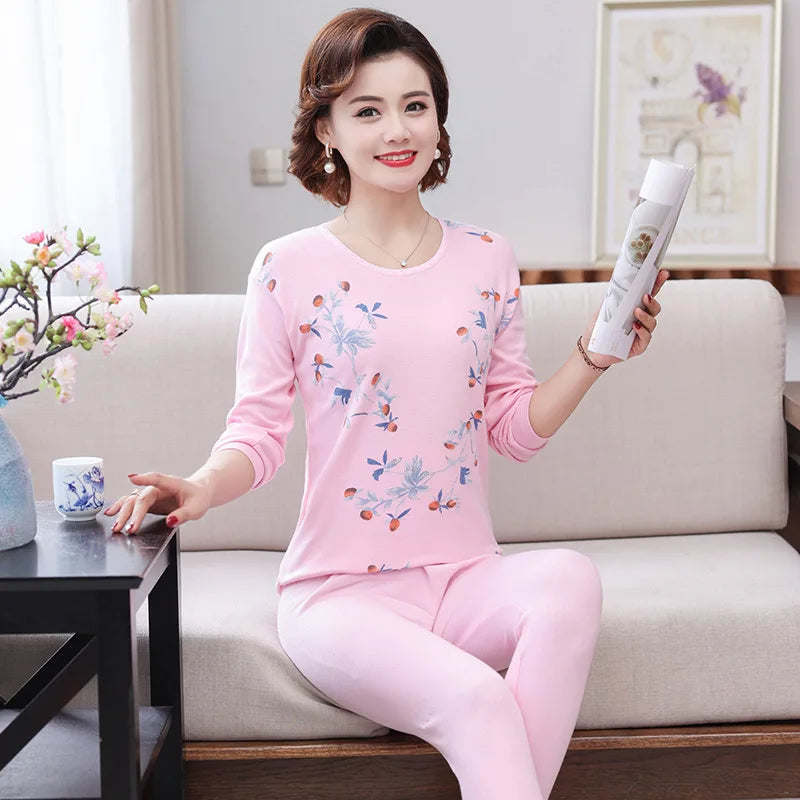 Middle Aged Mother Cotton Pajamas Set Long Sleeve Sleepwear Women 2 Piece Outfit Plus Size Homewear Autumn Winter Pijama Mujer