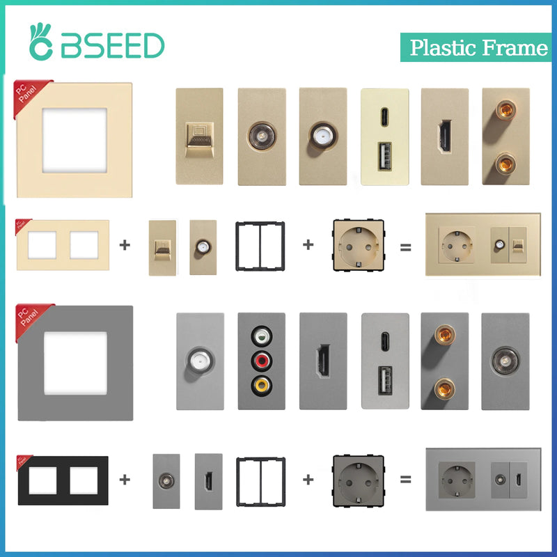 BSEED Wall Socket Internet Cat6 Parts Plastic Frame USB Type-C Charge Port TV HDMI Interface DIY Function Part Free Combination