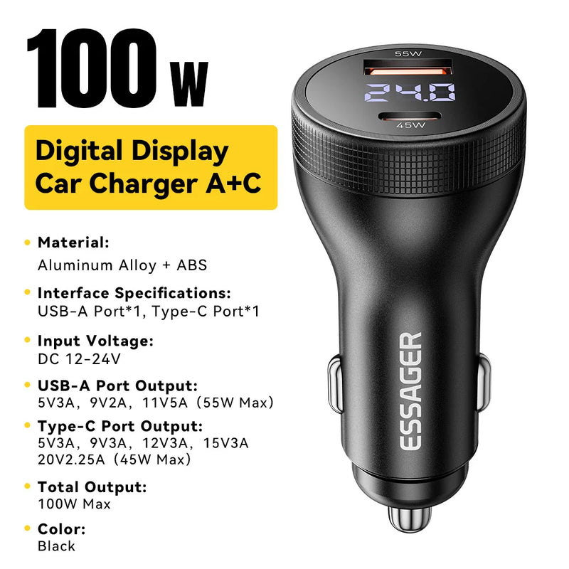 Essager 100W USB C Car Charger PD3.0 Fast Charging Quick Charge 4.0 Adapter for iPhone 16 MacBook Xiaomi Laptop Digital Dispaly