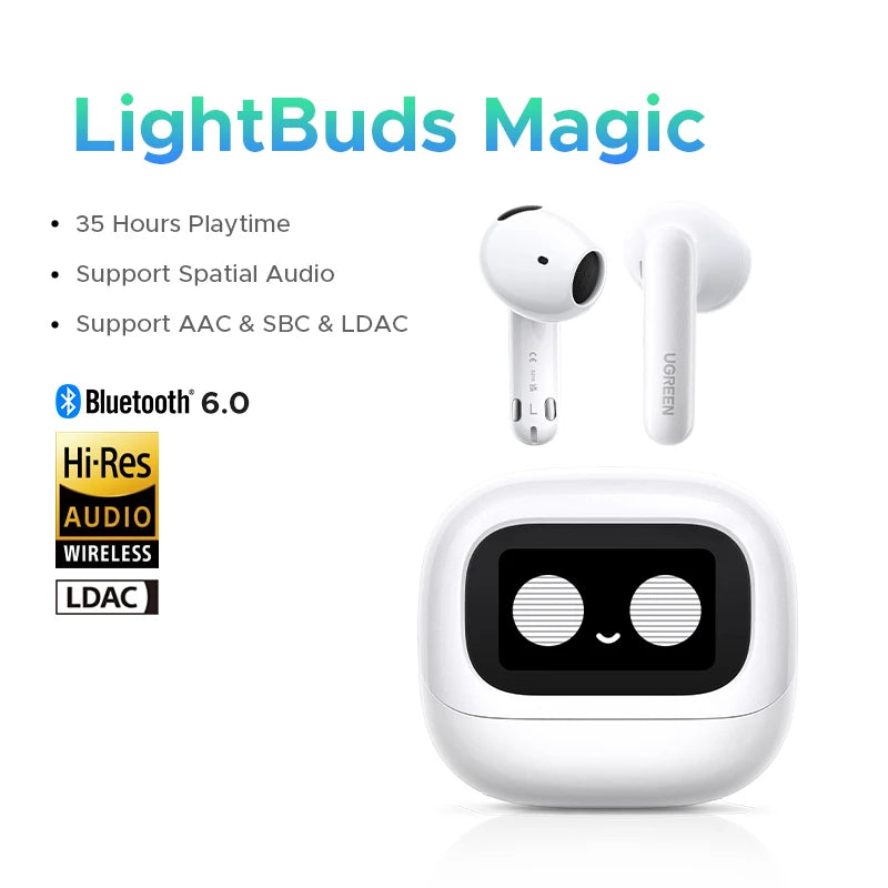 UGREEN Lightbuds Semi-open Adaptive Active Noise Cancellation ANC Wireless Bluetooth Earphones With LCD Full Color Smart Screen
