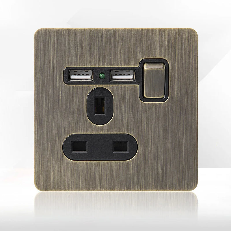 Retro Metal Brushed Antique Stainless Steel Push Button Switch Panel UK 13A Socket with USB Phone Charging for Home Improvement
