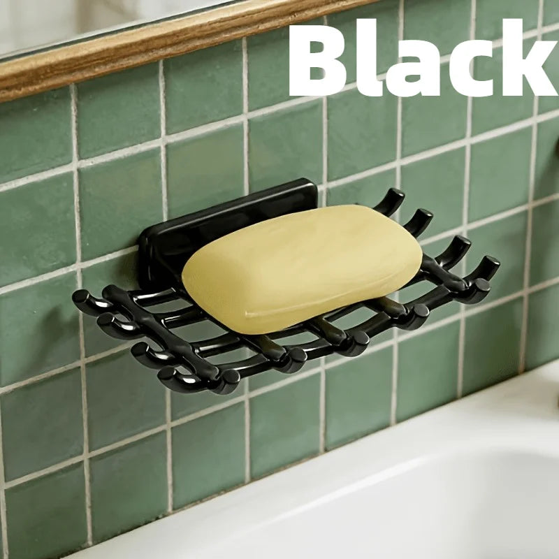 1pc Wall-Mounted Shower Soap Dish with Drainage, Black,White Square Holder.No Drilling Required,Hook for Soap and Accessories.