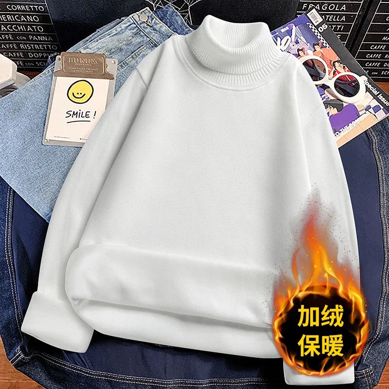Winter Thermal Base Layer Men High Collar Knitted Pullover Full Fleece Lined Soft Long Sleeve Daily Commute Sweater