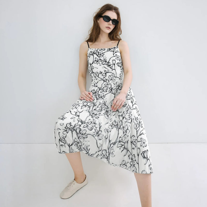 Amii Womens Dresses 2026 Summer New Printed With Belted Oversized Holiday Casual Spaghetti Strap A-Line Long Dress 12652050