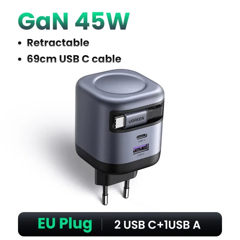 UGREEN 65W GaN Charger With Retractable USB C Cable For iPhone 18 17 Pro Samsung Xiaomi Laptop Macbook Tablet PD Fast Charger