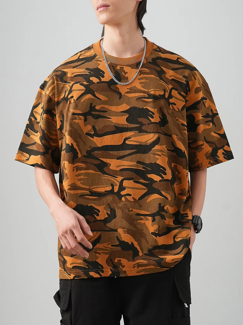 DUKEEN 320G Heavyweight Camouflage Men's T-Shirt 100% Cotton Summer Vintage Trend Crew-Neck Short Sleeve Tees Unisex