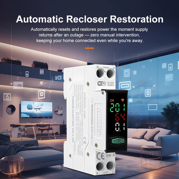 TOMZN WiFi Circuit Breaker 1P+N 110V 230VAC 50A Auto Recloser Smart Breaker Voltage Current Energy Monitoring Display Overload