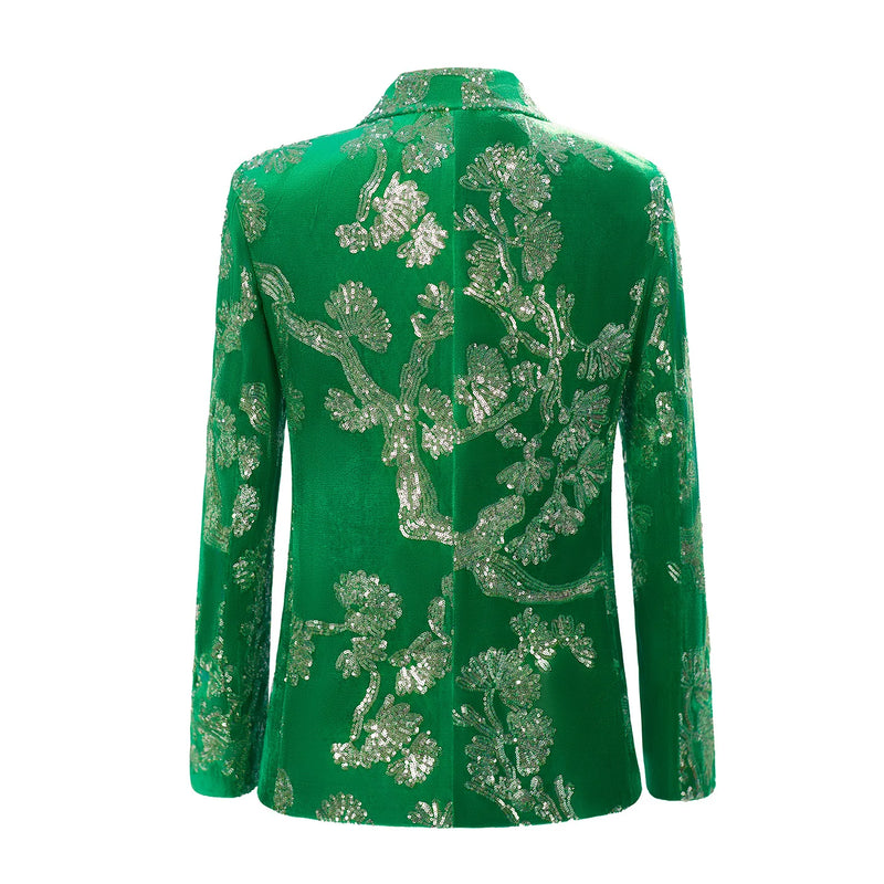 Luxurious Men's Green Two-piece Suit, Featuring A Jacket Embellished with Silver Circular Sequins and Matching Trousers.