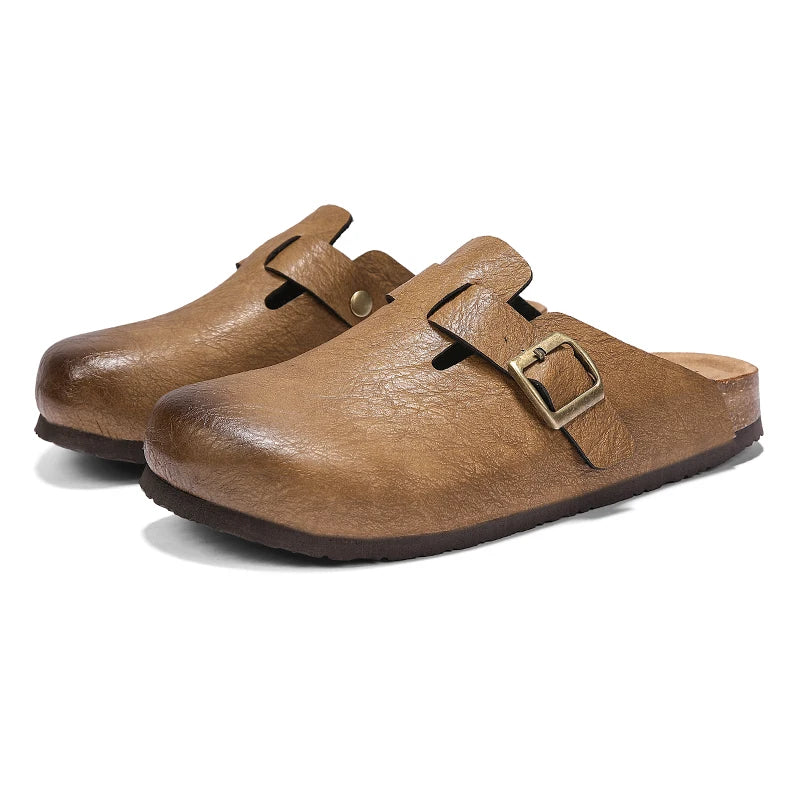Comfort Cork Leather Slippers for Unisex Men Women Slip on Half Shoes Sandals Closed Toe Backless Health Footbed Slides Fashion