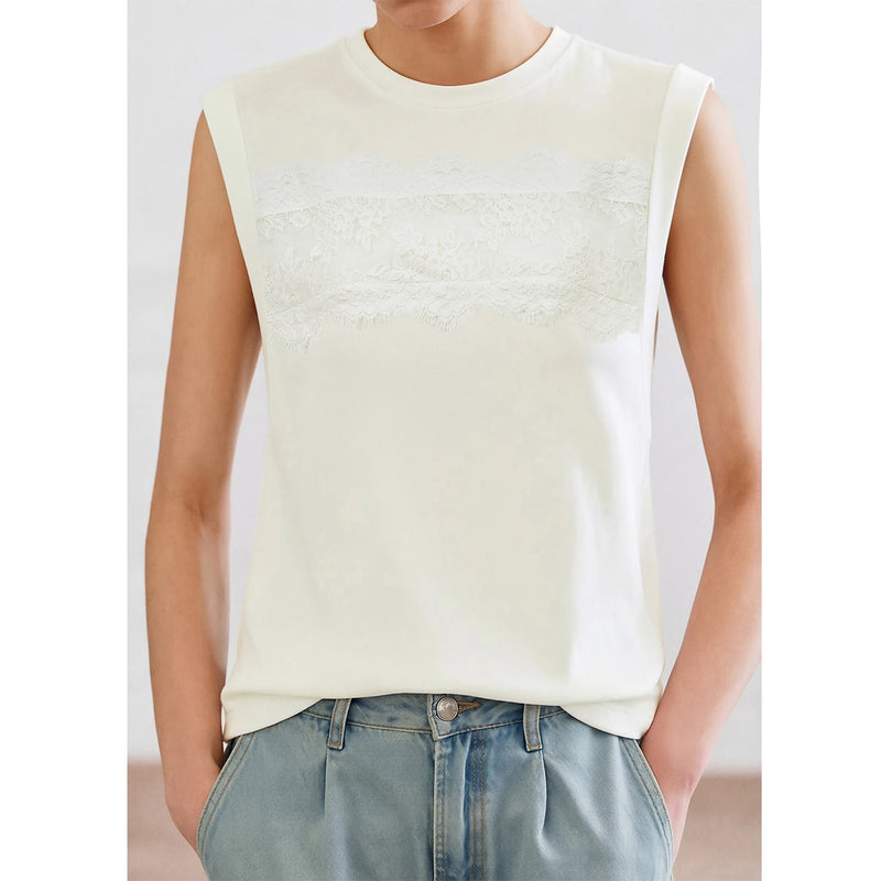 Amii Women's Top 2026 Summer New Round Neck Lace Trim 100% Cotton Tank Tee Loose Casual Sleeveless T-Shirt For Women 12622139