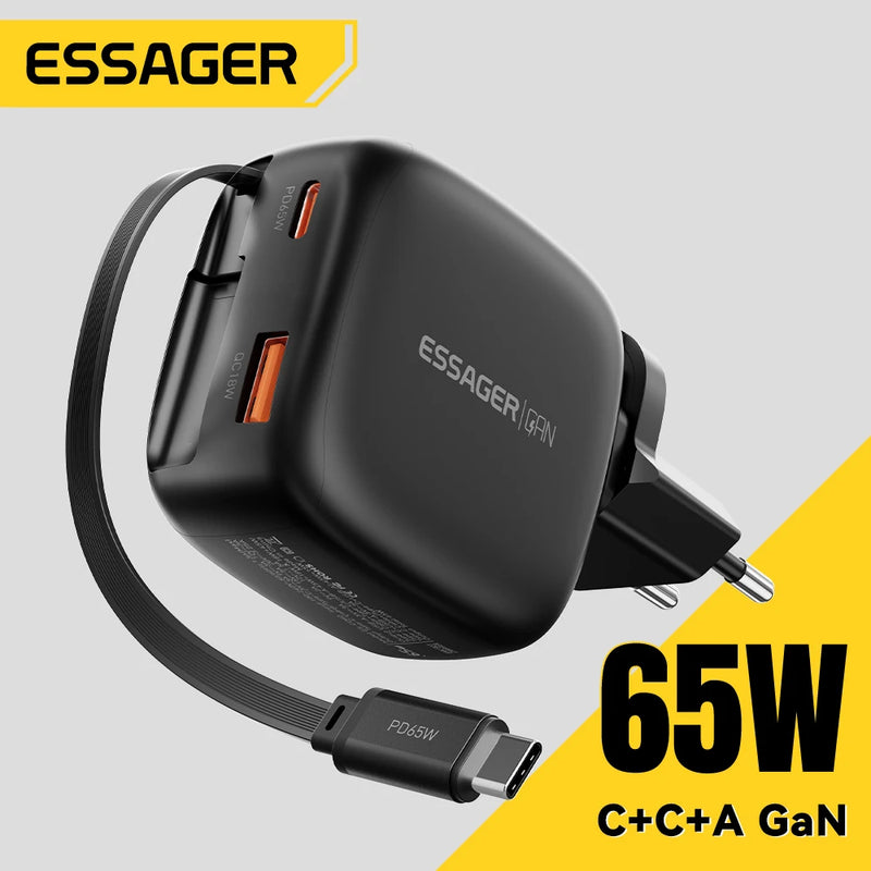 ឆ្នាំងសាក Essager 65W GaN Pro ជាមួយខ្សែប្រភេទ C ដែលអាចដកថយបាន 3 ក្នុង 1 ឆ្នាំងសាកធ្វើដំណើរលឿនសម្រាប់ iPhone 17 16 Pro Samsung Laptop Macbook