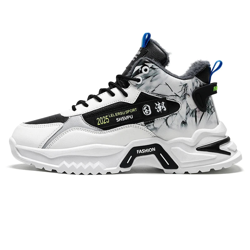 Men Sports Shoes Plush Comfortable Leather Winter Outdoor Walking Anti Slip Flat Bottom Fashion Commuting Versatile Sports Shoes