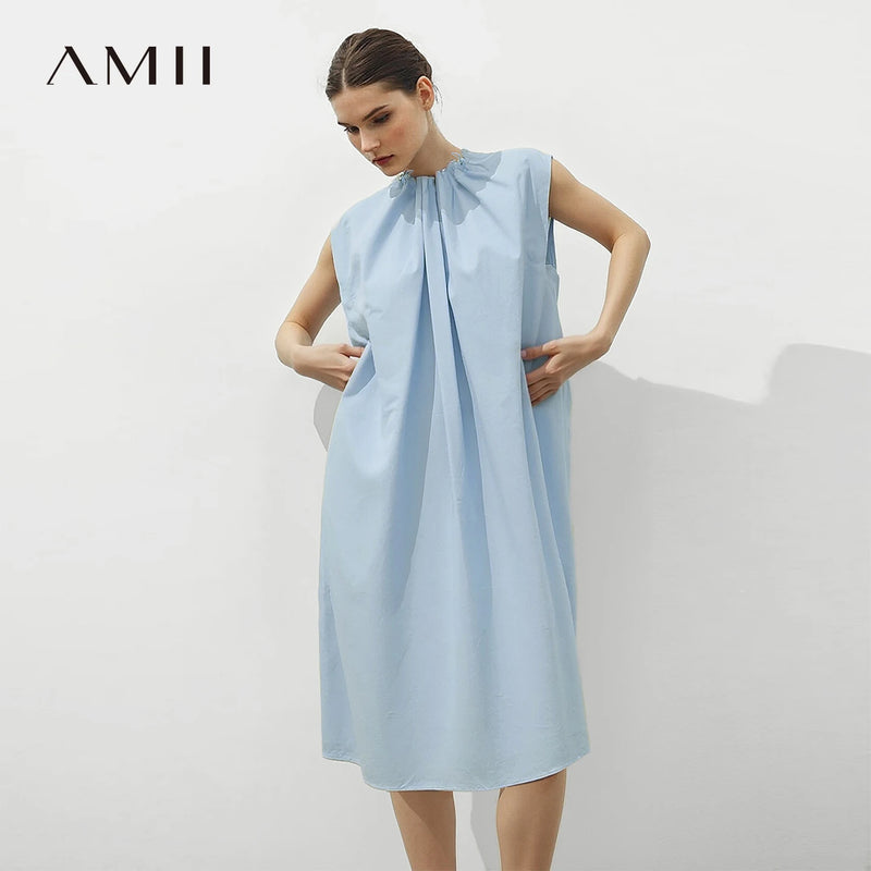 រ៉ូប Amii ដៃខ្លីសម្រាប់នារី រដូវក្តៅ ឆ្នាំ២០២៦ ថ្មី កប្បាស រលុង ធម្មតា ក ចងខ្សែ ការិយាល័យ រ៉ូប H-Line Midi សម្រាប់នារី 12642125