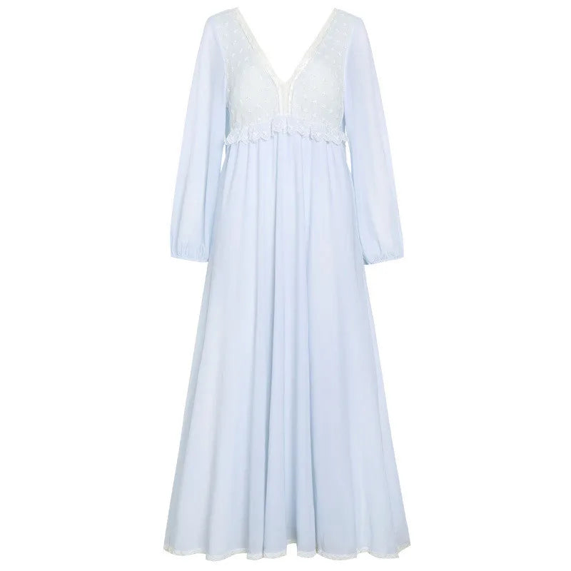 Palace Style Lace Princess Nightgowns Long Sleeved Mesh Night Dress For Women Spring Autumn V Neck Chest Pad Home Clothing