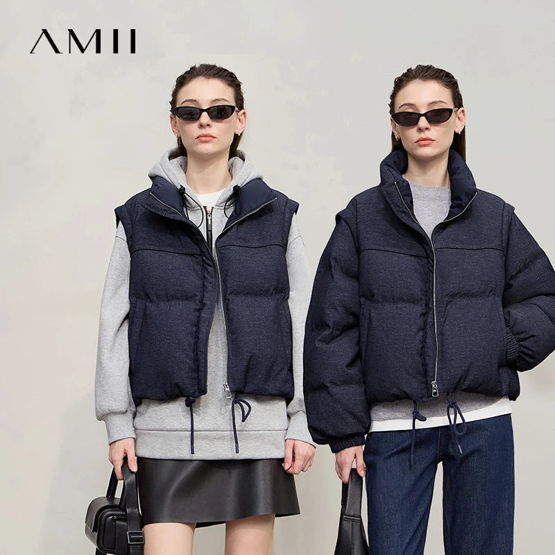 Amii Down Jacket For Woman 2026 Winter New Warm Zipper Removable Sleeves Ladies Clothes Loose Versatile Short Down Coats12544073