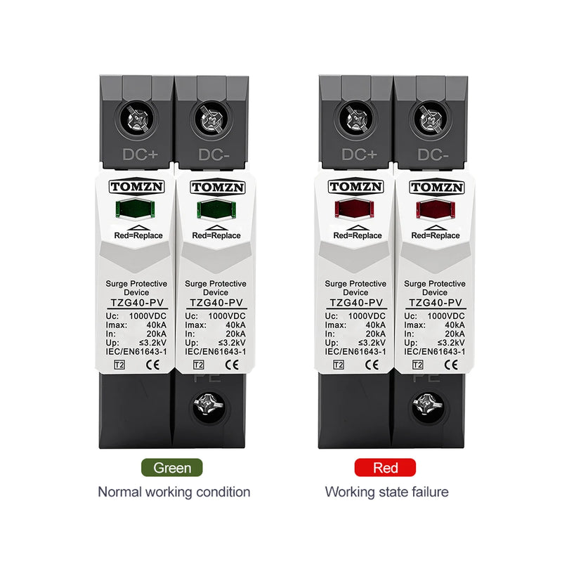 TOMZN DC SPD 2P 500V 600V 800V 1000V 20-40KA Din Rail Solar Outdoor Power Protection Protective Device Surge Protector Surge