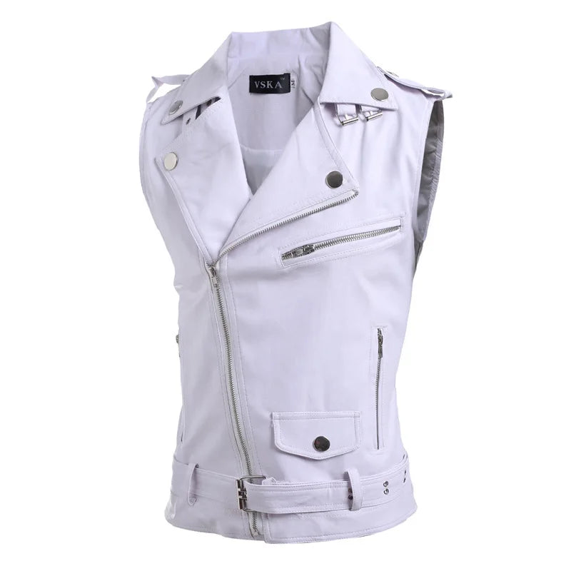 2026 Men's Black Lapel Sleeveless Vests Jacket, Slant Zipper Switch Vest, Hem Belt, Adjustable Size, White, Wine Red Waistcoat.