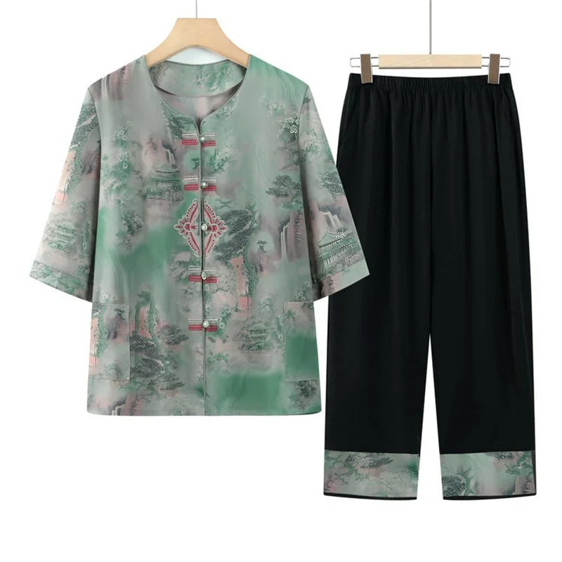 ឈុតគេងសម្រាប់ស្ត្រី XL-5XL បោះពុម្ពបែបវីនថេច សម្លៀកបំពាក់យាយធម្មតា រដូវស្លឹកឈើជ្រុះ រដូវរងា ឈុតសម្លៀកបំពាក់នៅផ្ទះពីរដុំ ឈុតសម្រាប់ម្តាយវ័យកណ្តាល