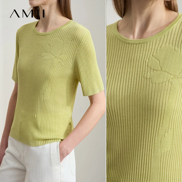 អាវយឺត AMII Minimalism Office Lady ឆ្នាំ ២០២៦ រដូវក្តៅសម្រាប់ស្ត្រី អាវយឺតដៃខ្លី O-Neck ម៉ូតស្តើង អាវយឺតប៉ាក់ទាន់សម័យ 12552057