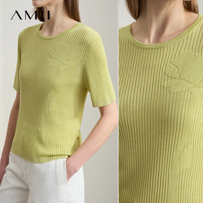 AMII Minimalism Office Lady 2026 Summer Sweater Women Half Sleeve O-Neck Solid Sweaters Fashion Slim Knitted Tees Tops 12552057