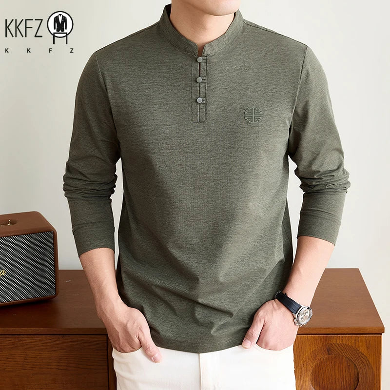 Mens Spring Autumn Henley T Shirt Long Sleeve Mandarin Collar Embossed Logo Breathable Comfort Casual Outfit