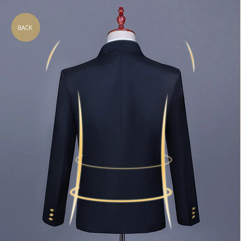 Men's Black Two-Piece Suit Set: a Slim-fit Embroidered Jacket for Weddings and Parties, Paired with Slacks; Asian Sizes.