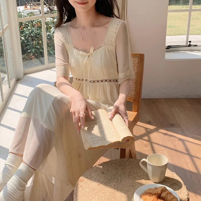 Lace Modal Mesh Summer Night Dress Woman Court Princess Nightdress Loungewear Sleepwear Women's Nightgowns Homewear Nightwear