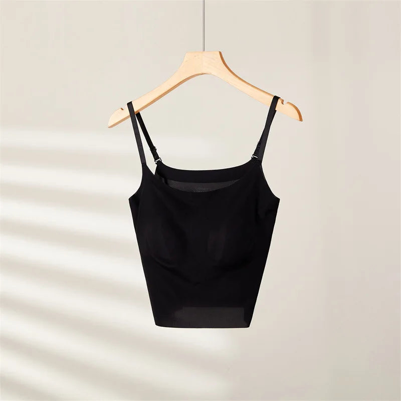 Seamless Ice Silk Sling Tank Top Chest Pad Inner Outer Wear Underwear Women Sleepwear Vest One Piece Pajamas Lingeries For Woman