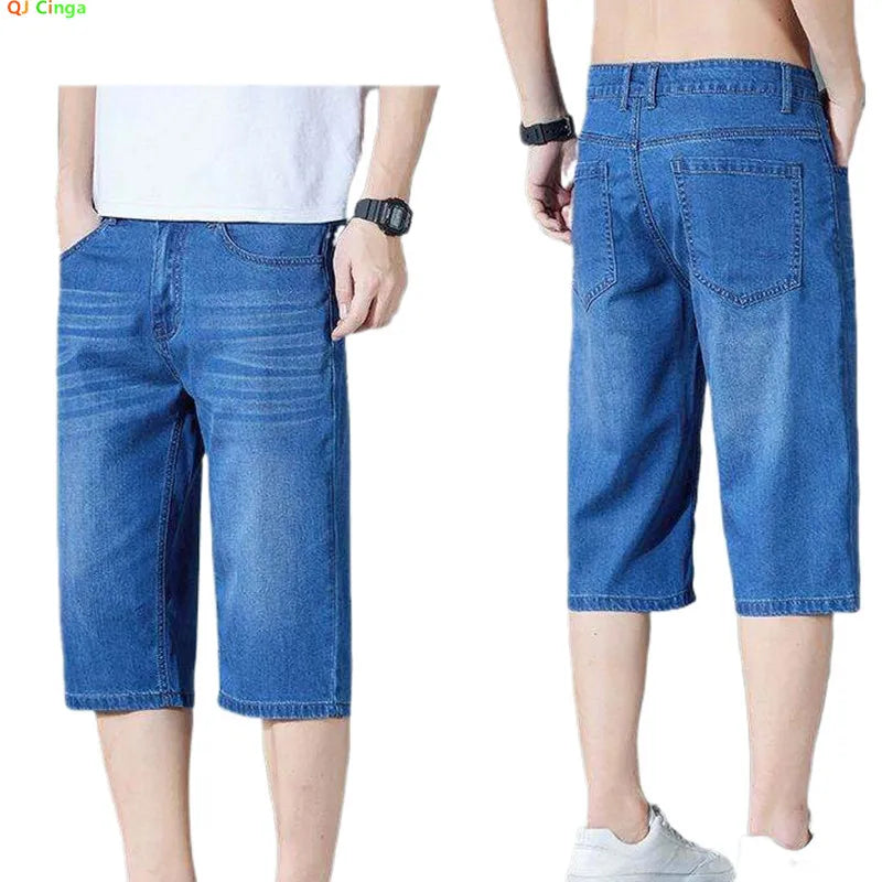 2026 Summer Thin Blue Men's Jeans Shorts, Fashion Casual Stretch Denim Shorts, Asian Size Black Knee Length Pants